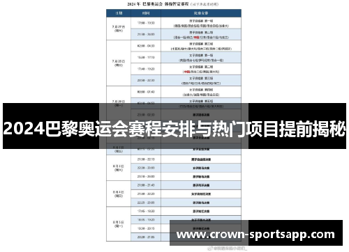 2024巴黎奥运会赛程安排与热门项目提前揭秘